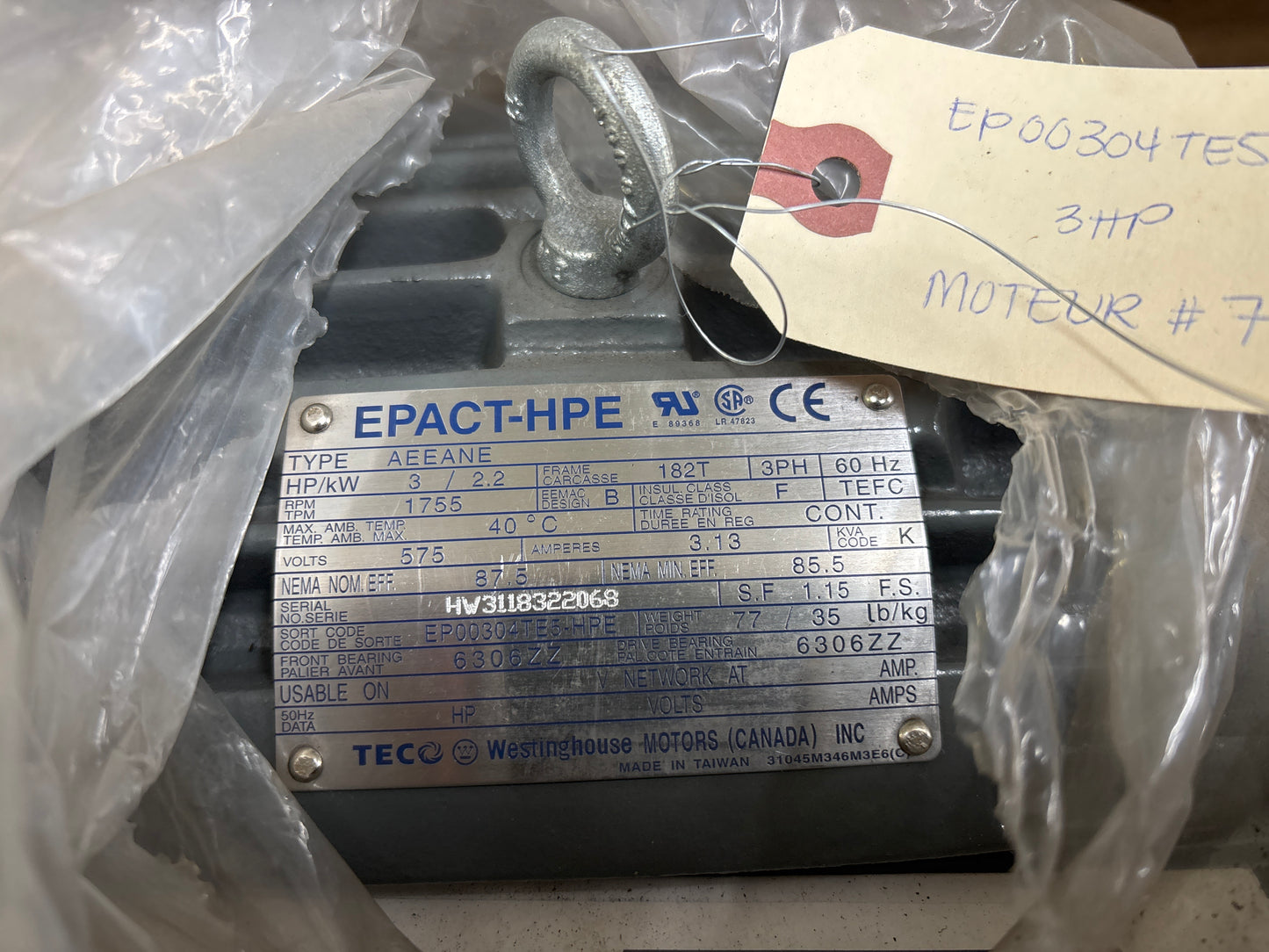 TECO-Westinghouse 3HP 575V 3 Phase Motor, 1755 RPM