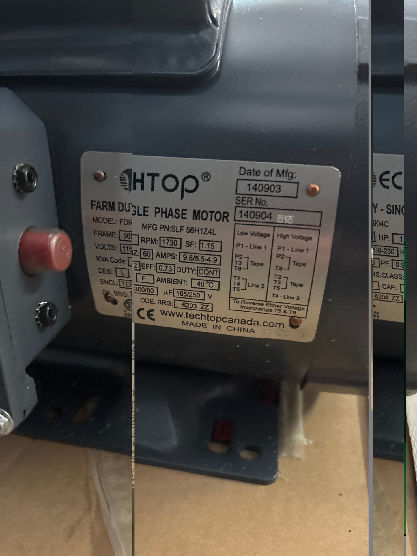 Moteur TECHTOP 1HP 115-230V 1 Phase 1730 RPM