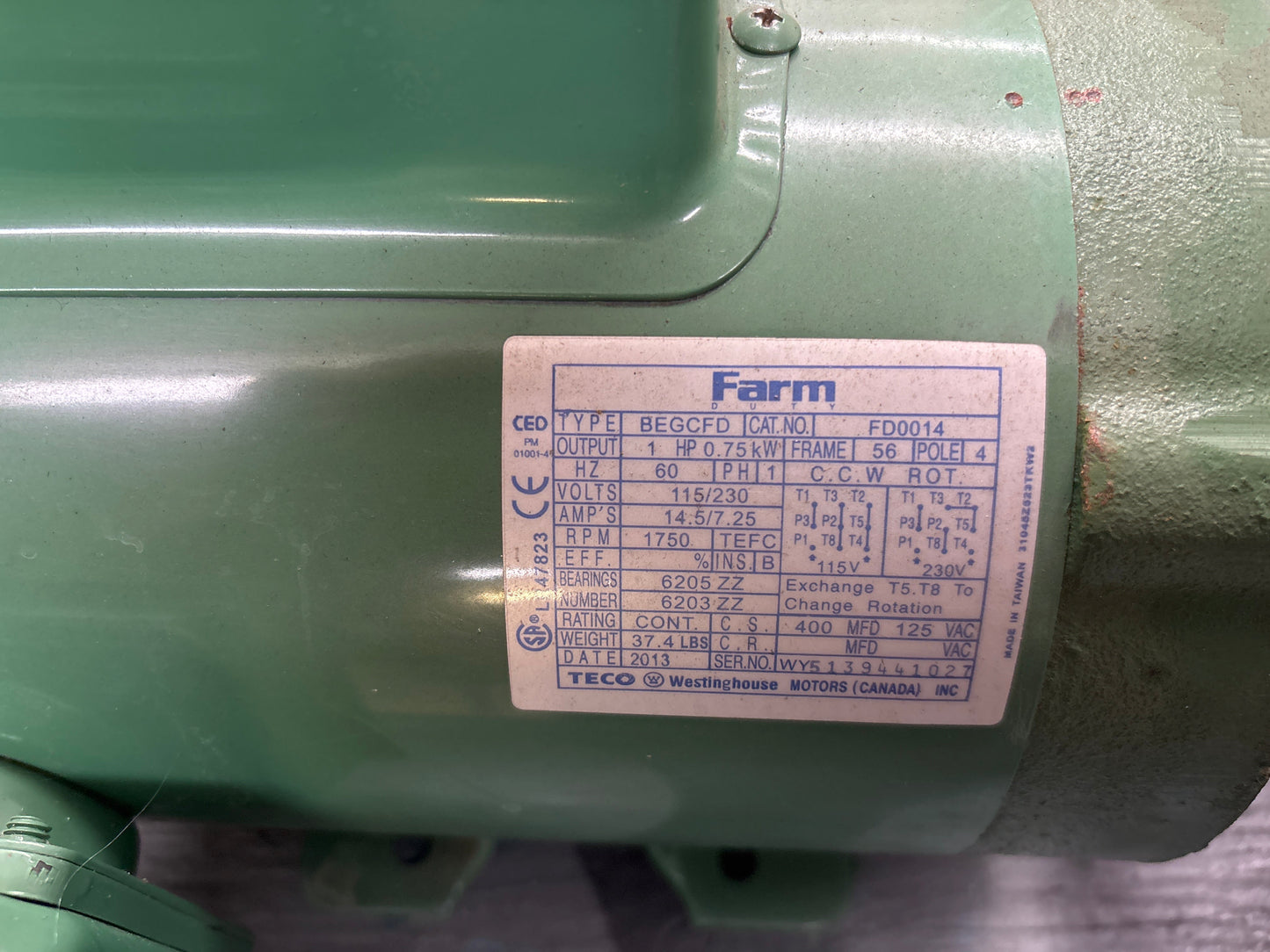 Moteur TECO-WESTINGHOUSE 1HP 115-230V 1 Phase, 1750 RPM