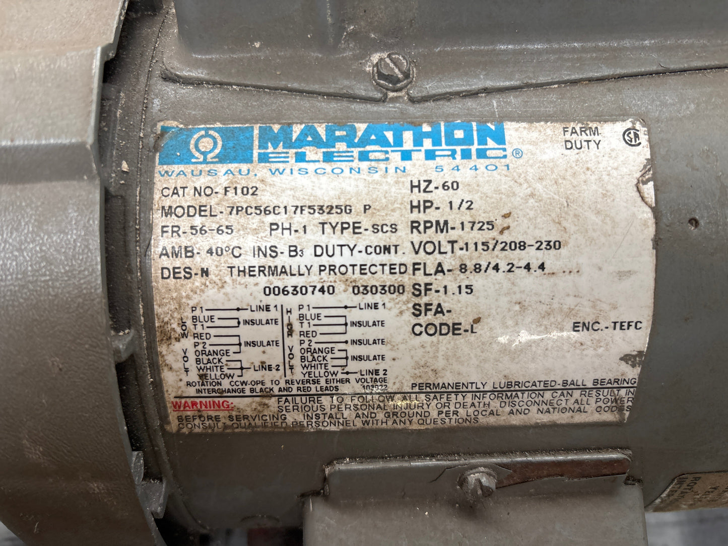 Moteur MARATHON 1/2HP 115-230V 1 Phase, 1725 RPM